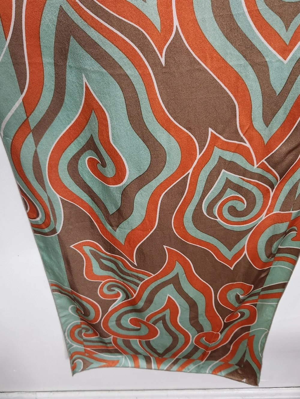 Vintage Mod Geometric Scarf Rectangle Mint Orange Brown White Satin 61x14 - Picture 5 of 5